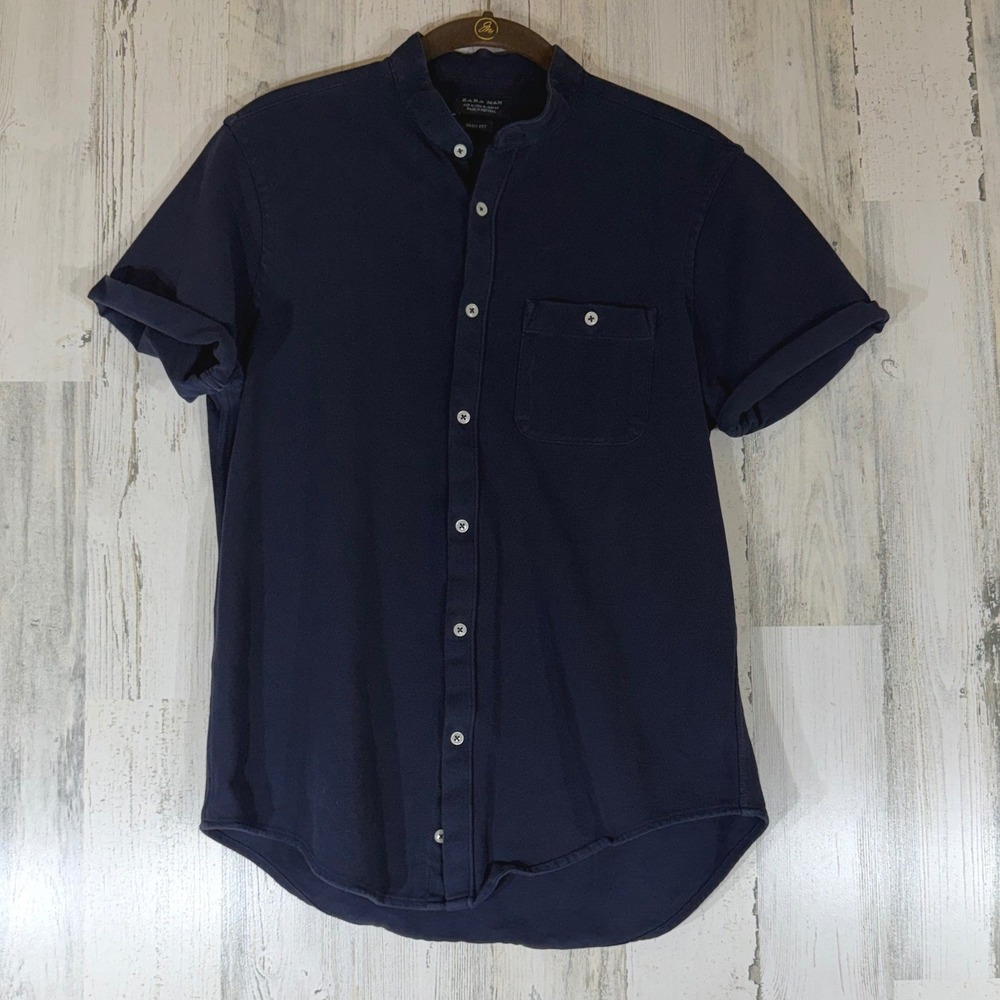 Zara Man Button Up Shirt Medium Navy Slim Fit Band Collar Short Sleeve Pique